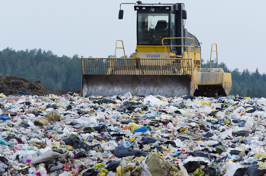 amarelo, preto, trator, ilha do lixo, dia, aterro, gestão de resíduos, resíduos, lixo, sociedade