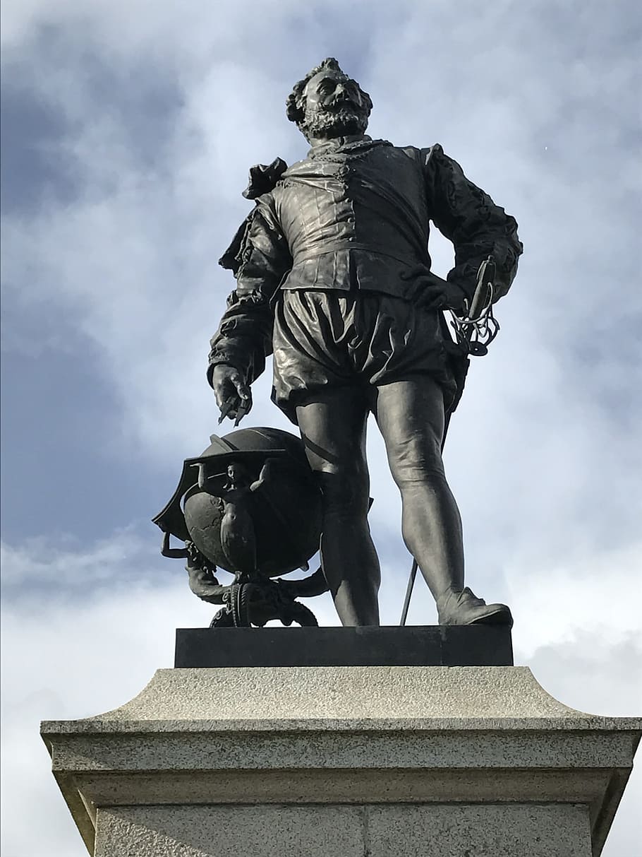 plymouth, statue, england, francis-drake, plymouth-hoe, sculpture, art and craft, representation, human representation, male likeness