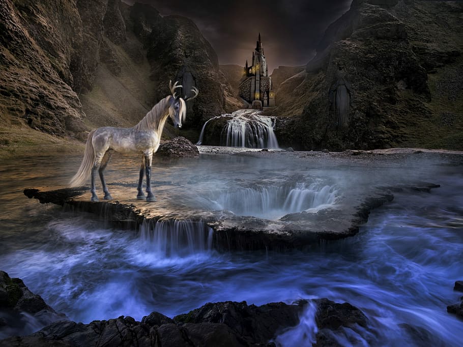 white, horse, body, water, digital, wallpaper, unicorn, landscape, panorama, castle