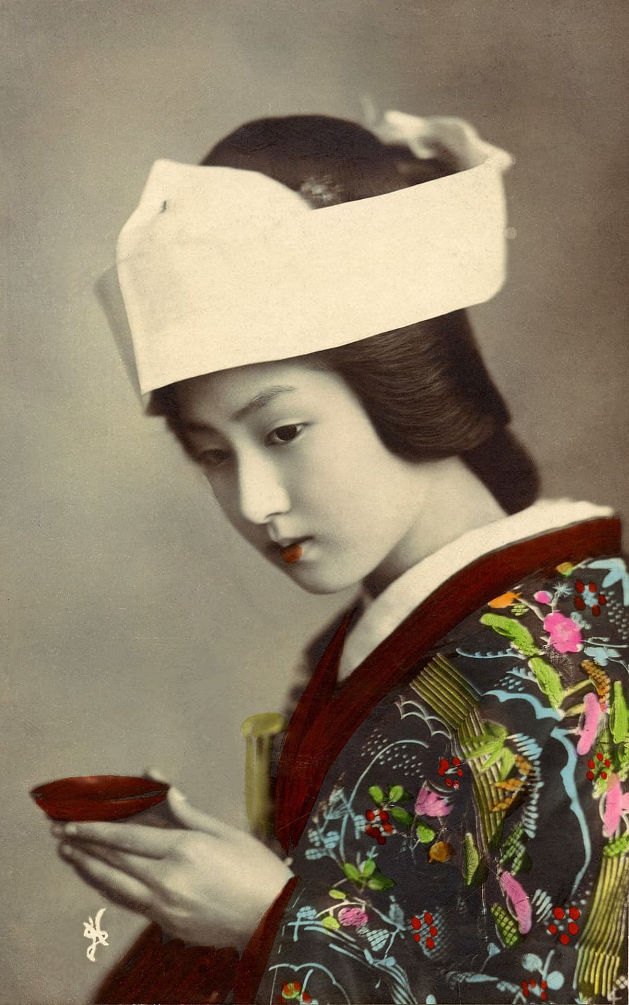 geisha, holding, red, sake cup, retro, vintage, japanese, asia, one person, clothing