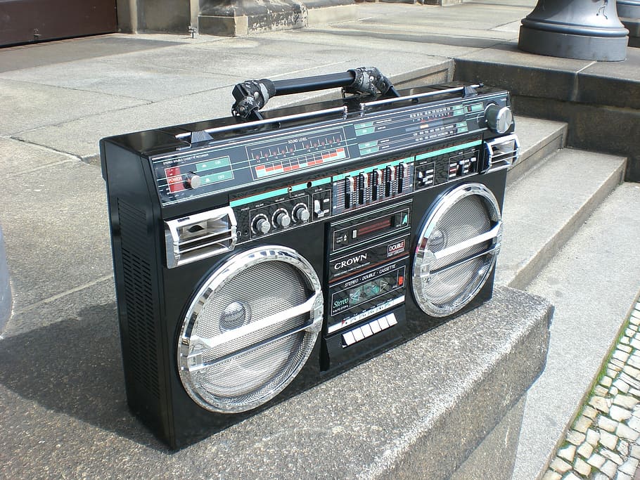 black, gray, outdoor, Ghettoblaster, Boombox, Old School, radio recorder, analog, cassette recorder, music
