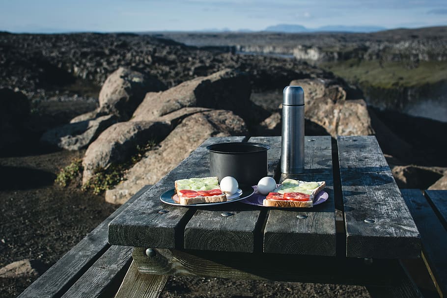 camping breakfast, nature, Camping, breakfast, eggs, healthy, outside, sandwich, summer, outdoors