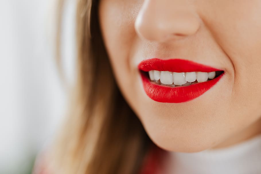 lábios, vermelho, dentes, mulher, fêmea, sorriso, caucasiano, rosto, batom, Close-up