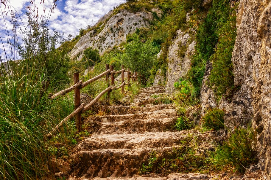 brown, stone stair, grass, daytime, hiking, trail, sicily, italy, gradually, stairs