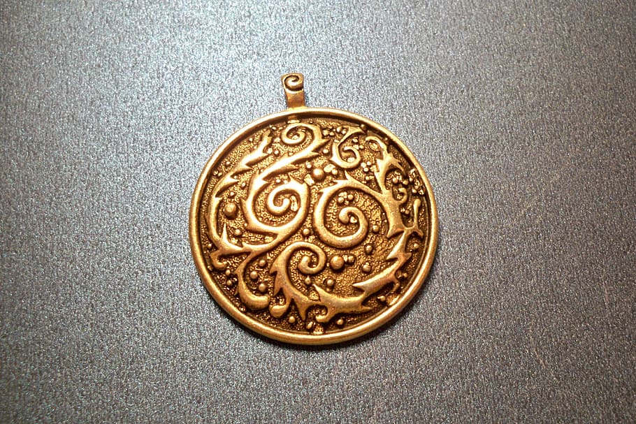 round gold-colored pendant, pendant, gold, medallion, jewelry, metal, focal, engraved, round, gold colored