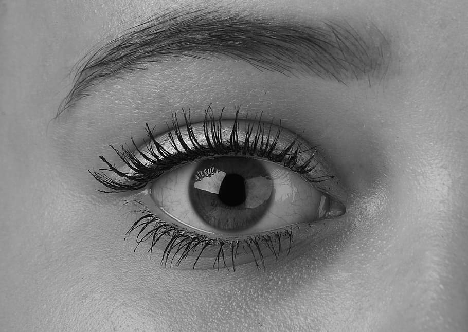 right human eye, woman, eye, eyes, algae, girl, black and white photo, the photo shoot, one, shading