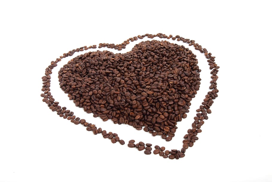 corazón preformado, en forma, granos de café, corazón, frijol, café, cafeína, aislado, amor, objeto