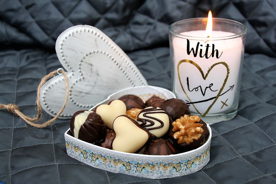 하트 쿠키 선물, 세트, ​​심장, 양초, 사랑, 저녁에, 발렌타인 데이, 초콜릿, 식, 의 향연