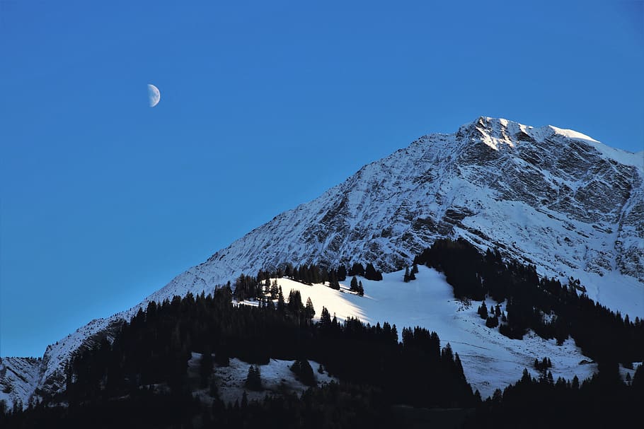 bulan, gunung, senja, ruang, di malam hari, alpen, cahaya, biru, pemandangan, tenang