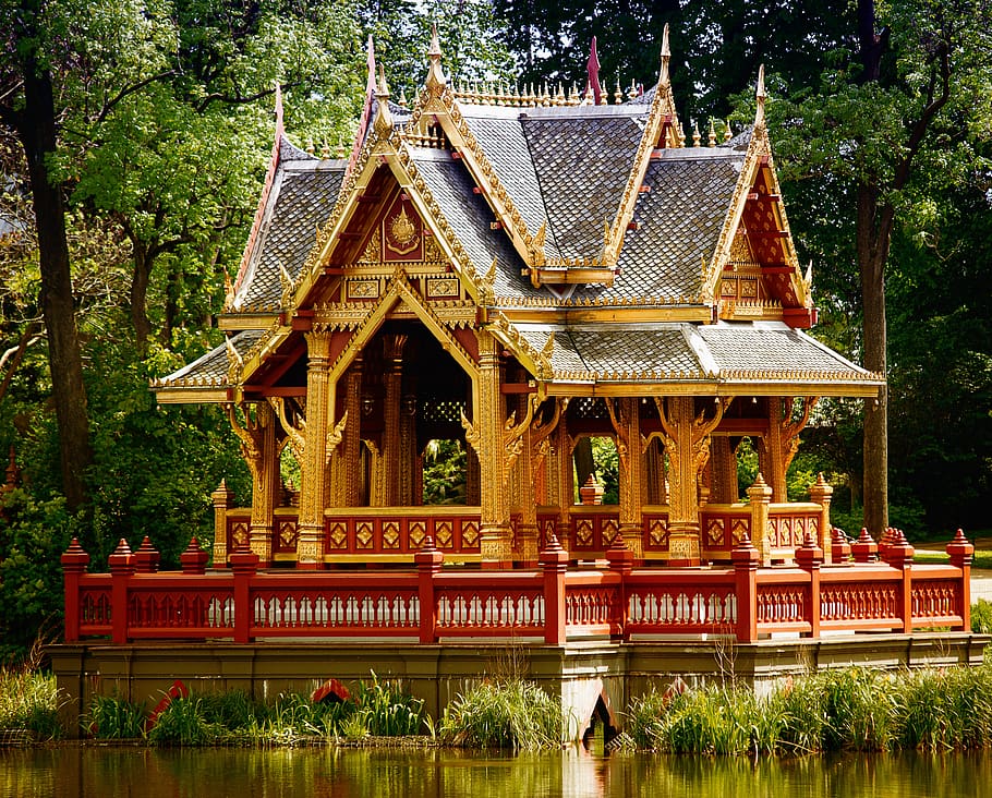 paviliun, paviliun thai, thai sala, paviliun buddhist, kebun binatang hagenbeck, Arsitektur, struktur yang dibangun, pohon, menanam, eksterior bangunan