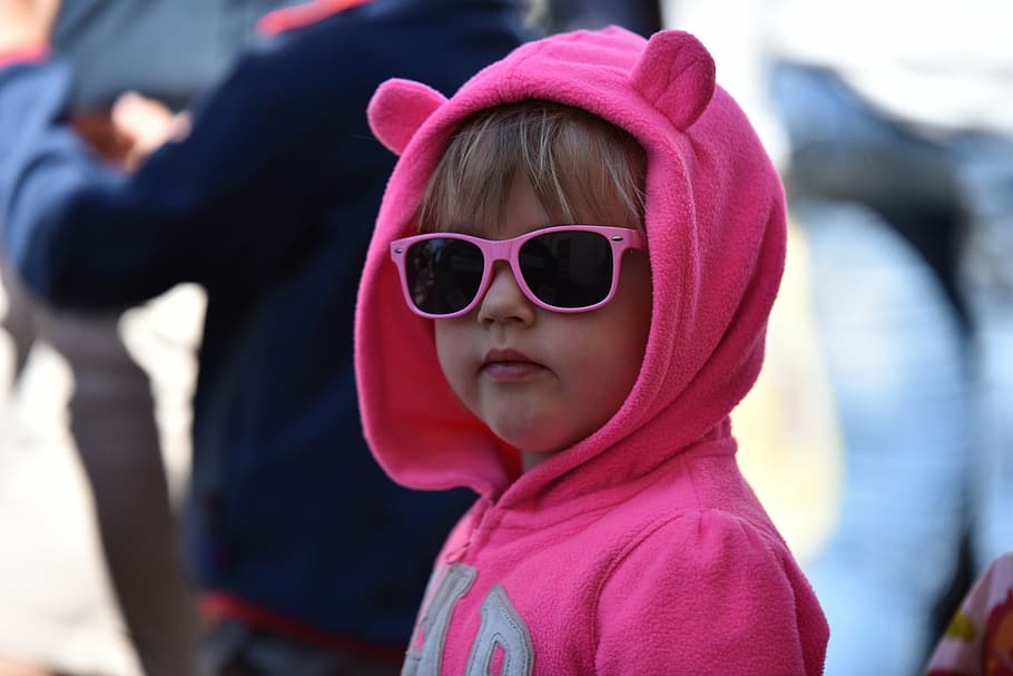 girl, wearing, zip-up hoodie photography, children, play, sunglasses, masquerade, ears, pink, childhood