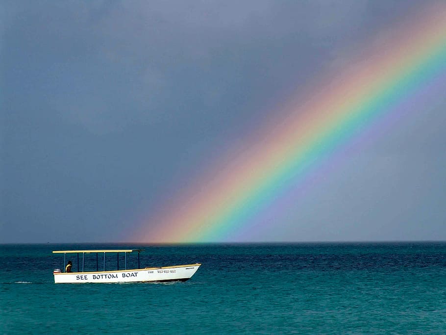 rainbow, ocean, white, powerboat sailing, powerboat, sailing, jamaica, sun, sea, caribbean