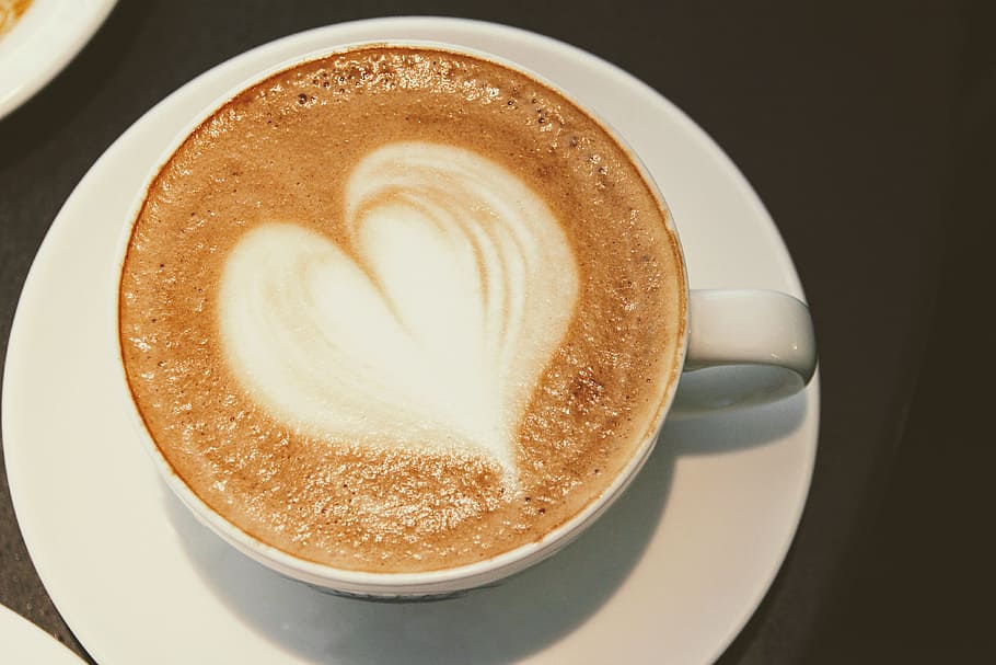 white, ceramic, coffee mug, brown, foam, coffee, heart, coffee love, coffee lovers, herzchen