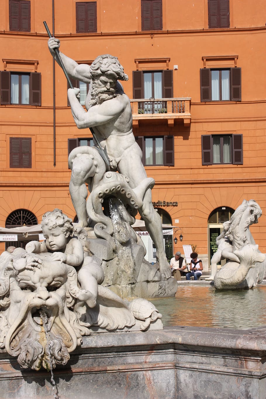 rome, piazza navona, statue, baroque, neptune, fight, fontana, marble, architecture, sculpture