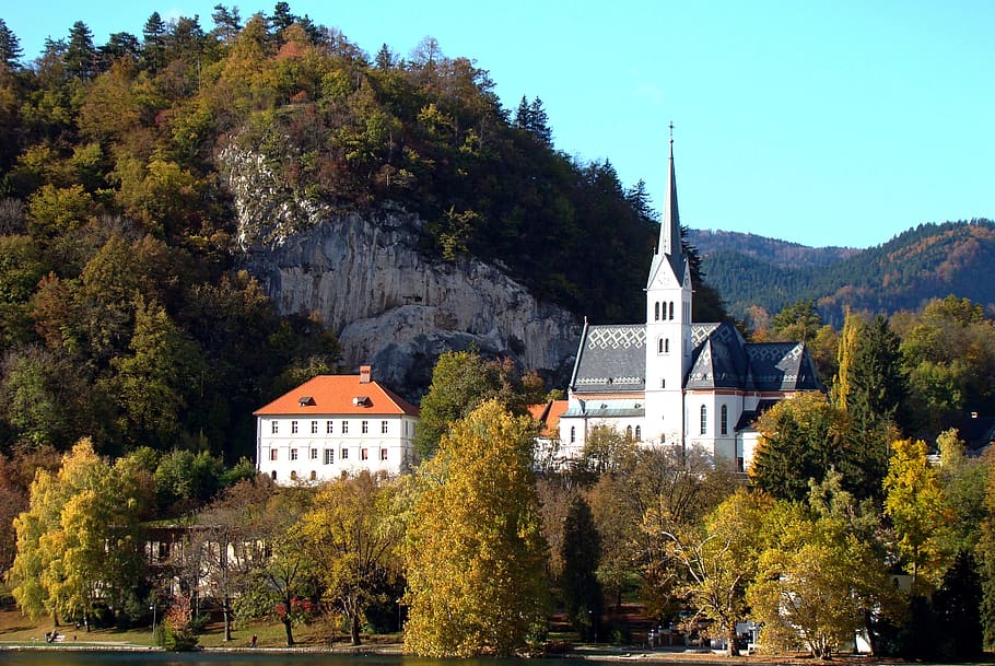 architecture, tree, church, bled, slovenia, plant, building exterior, building, built structure, place of worship