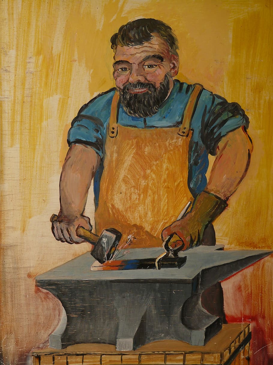blacksmith, craft, profession, iron, forge, metal, man, face, drawing, painting