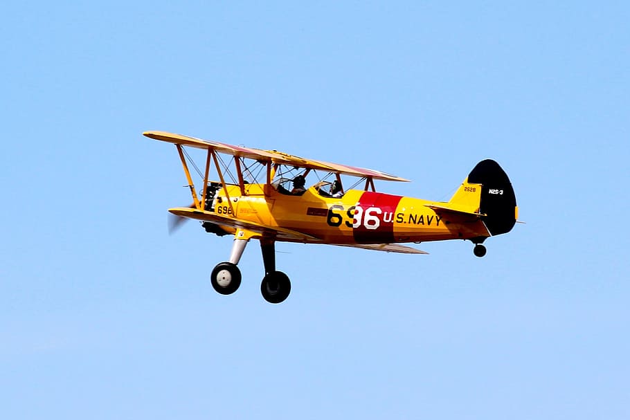 biplane, pesawat terbang, oldtimer, kuning, terbang, pilot, langit, pesawat, baling-baling, moda transportasi