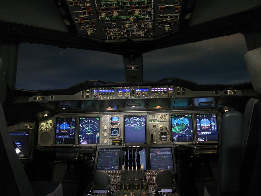 foto del panel de control del avión, cabina, A380, mosca, Airbus, interior, piloto, avión de pasajeros, interiores, panel de control