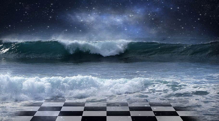 sea waves, black, white, checkered floor, night time, ocean, sea, water, wave, chess