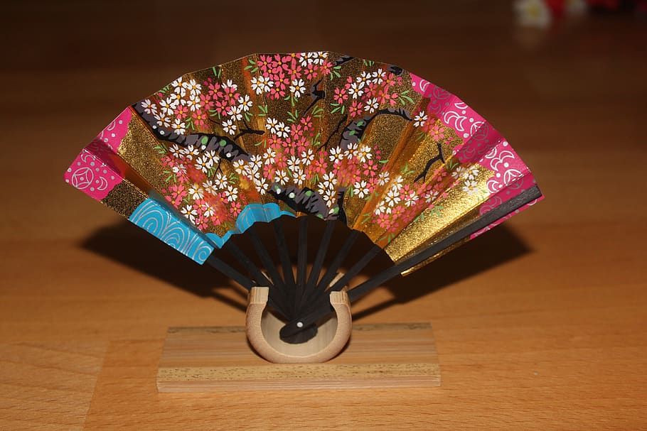 and the wind, japanese, small objects, fan, table, still life, indoors, wood - material, close-up, pattern