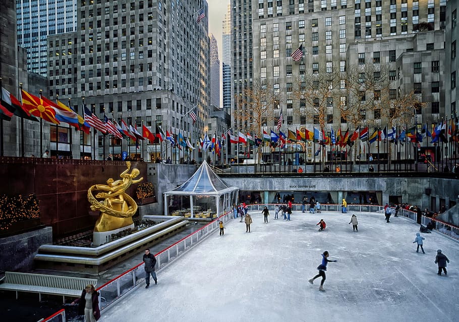 group, people, ice, skating, daytime, rockefeller plaza, skating rink, new york city, city, cities