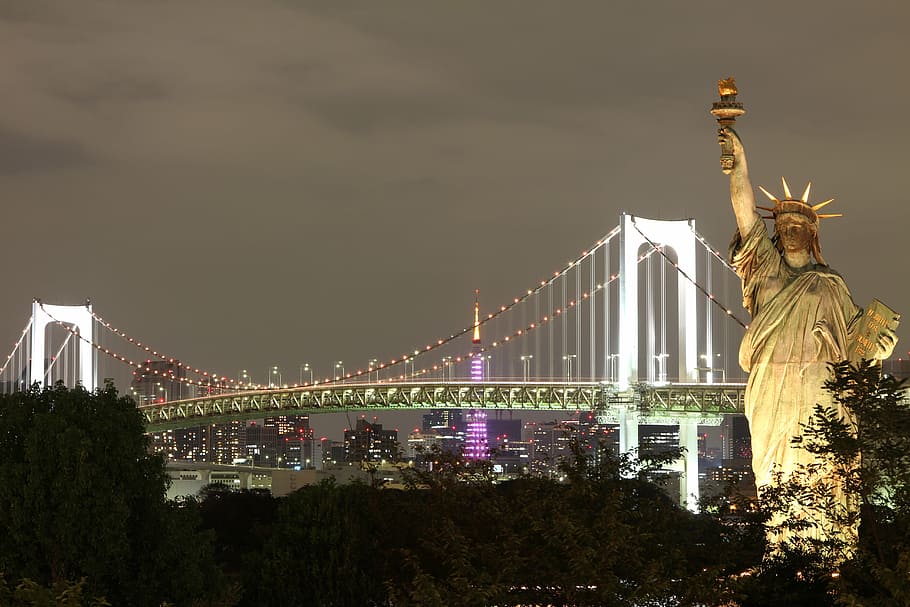 estatua, libertad, noche, infraestructura, puente, oscuro, luz, torre, estatua de la libertad, lugar famoso
