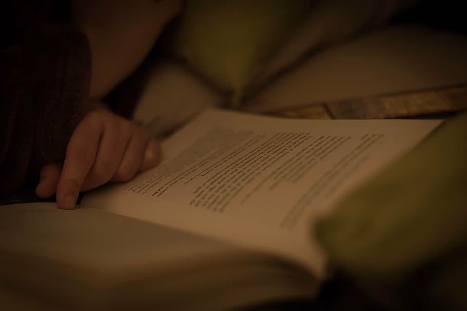 person reading book, close, person, reading, book, bed, selective focus, human hand, indoors, human body part