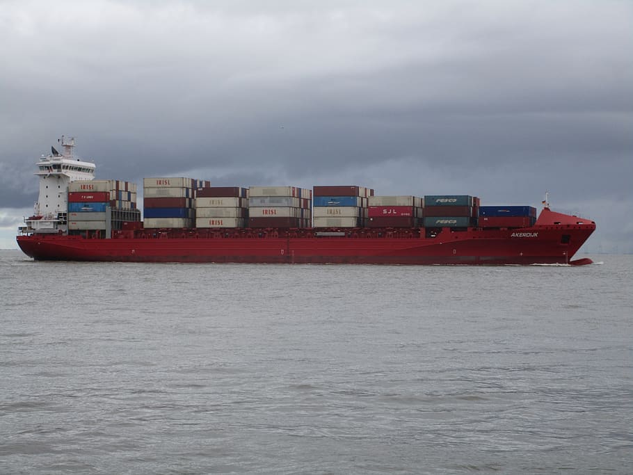 wadah, Kapal kontainer, kapal barang, kapal merah, elbe, pengiriman, pelayaran, muatan, impor, Laut Utara