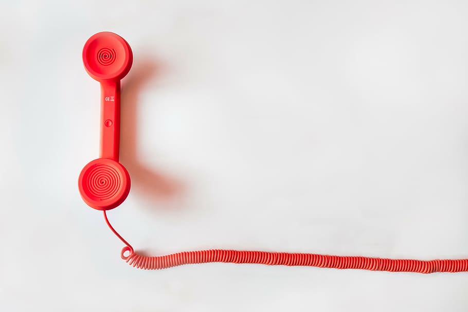 red, telephone, white, surface, painted, table, cord, business, white background, studio shot
