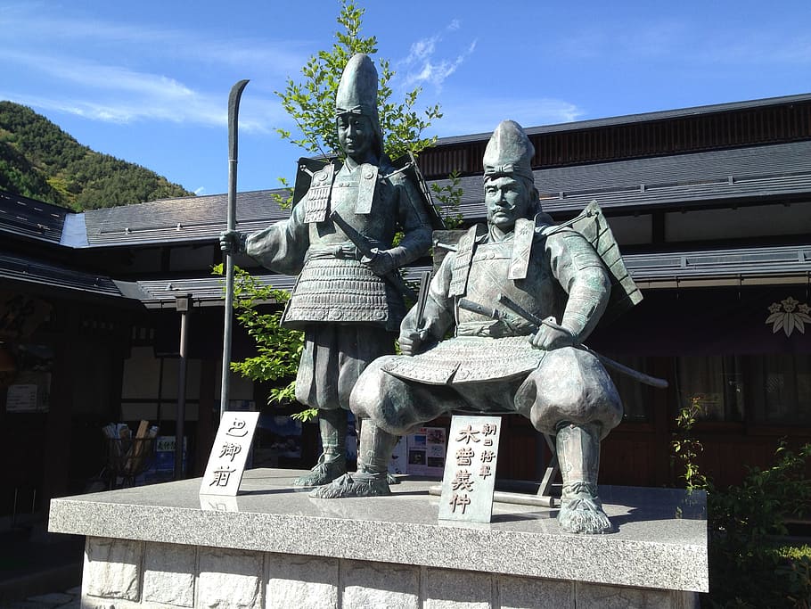 kiso, estatua, yoshinaka, prefectura de nagano, tomoe gozen, kiso yoshinaka, japón, escultura, arte y artesanía, representación