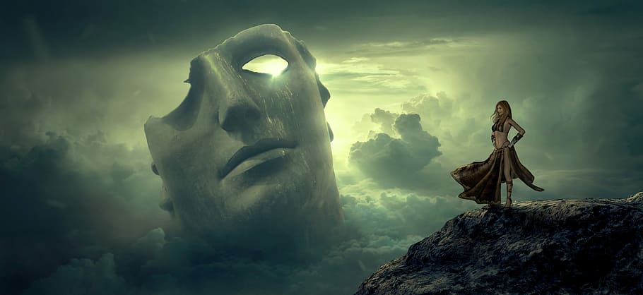 woman, standing, brown, cliff wallpaper, fantasy, mask, clouds, light, rock, view