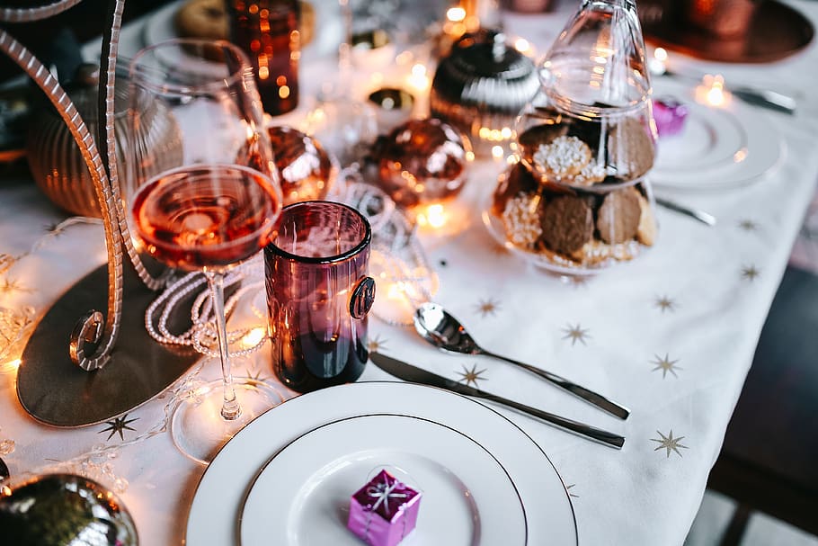 mesa, decoraciones, juego de mesa, rosa, fiesta, glamour, navidad, interior, plato, equipo doméstico