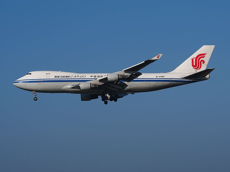 blanco, azul, aerolínea, vuelo, durante el día, Boeing 747, Jumbo Jet, Air China Cargo, aeronave, avión