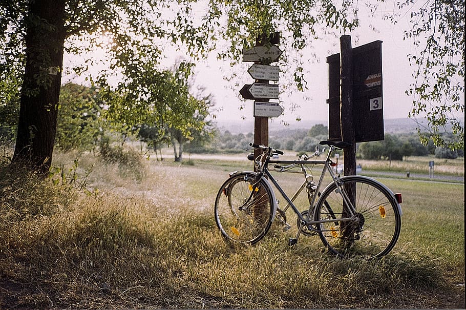 black, grey, mountain bicycle, leaning, road post, meadow, sign, vintage, old, bike