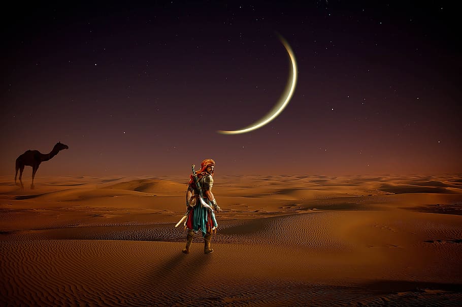 fantasy, desert, arabs, camel, landscape, drought, fantasy picture, sand, nature, moon