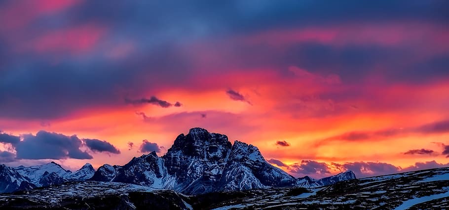 panoramic, photography, mountain, coated, ice, golden, hour, landscape, silhouette, dolomites