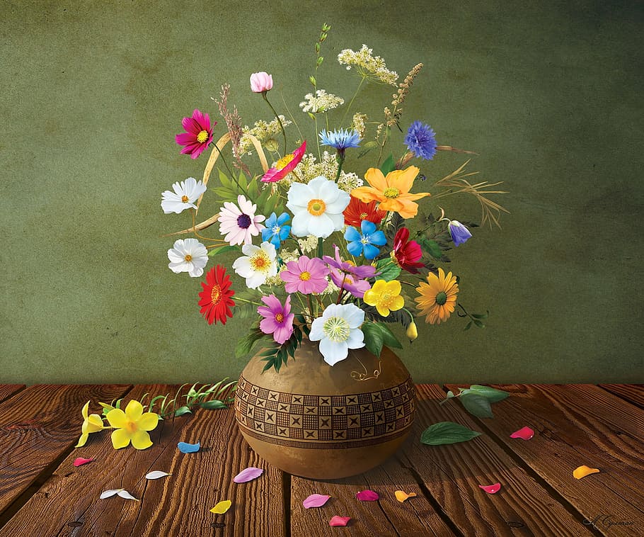 berbagai macam warna bunga, pot tanaman, bunga, ornamen, alam, tanaman, vas, lukisan alam benda, buket, daun bunga