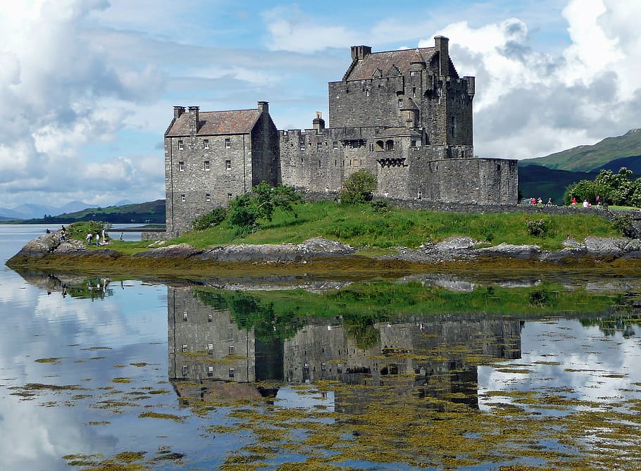 gray, castle, island, eilean donan castle, eilean donan, scotland, mirroring, water, clouds, masonry