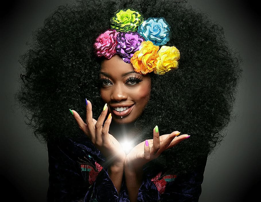 negro, mujer de pelo, floral, diadema, magia, flores, hada, mujer, dama, mágico
