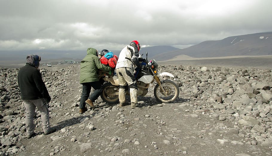 iceland, motorcycle, mutual aid, solidarity, adventure, group of people, transportation, men, leisure activity, cloud - sky