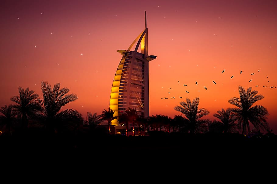 dubai, burj al arab, sunset, dusk, sky, architecture, building exterior, silhouette, tree, built structure