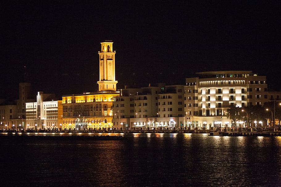 Bari, Nocturne, Waterfront, night, travel Locations, architecture And Buildings, water, architecture, illuminated, urban Scene