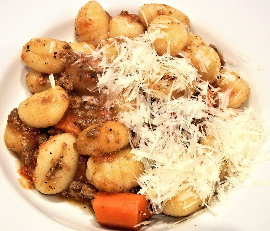 brown, white, food dish, sauce, gnocchi, ragu, cheese, food, dinner, food and drink
