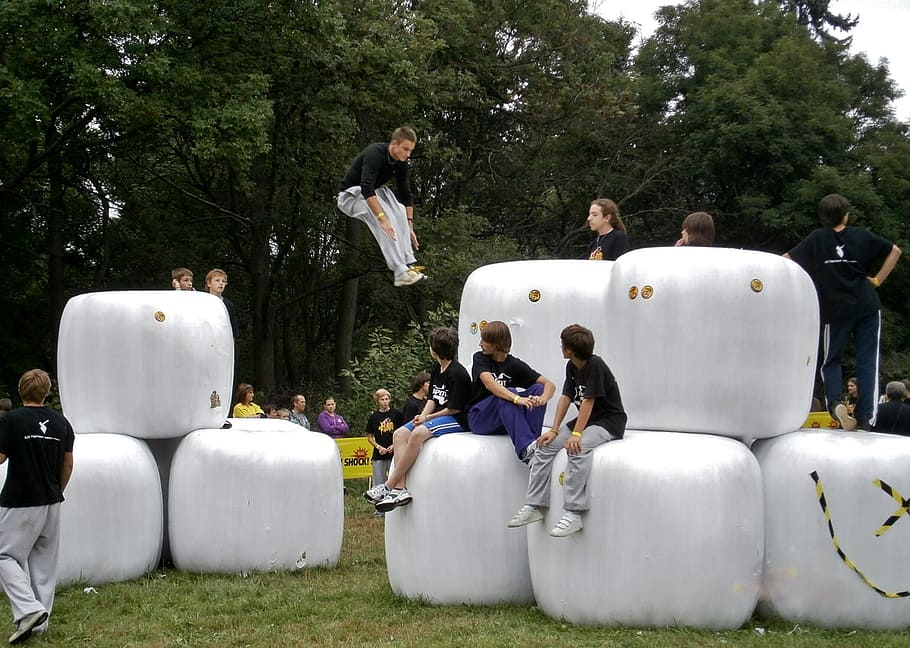 parkour, jump, sport, skipping, boy, movement, plant, group of people, tree, real people