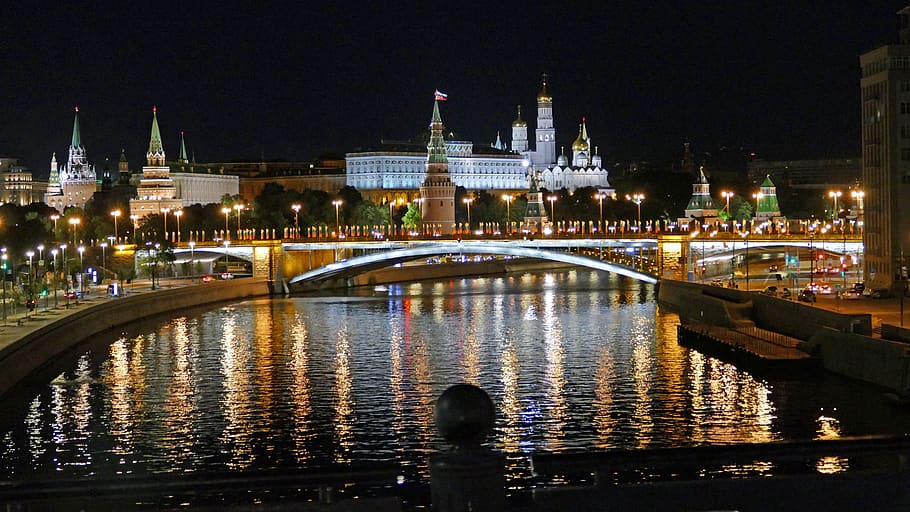 moscow, night graph, russia, kremlin, capital, building, landmark, travel, water, built structure