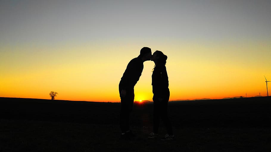 love, kiss, young couple, evening sky, silhouette, pair, woman, girl, man, boy