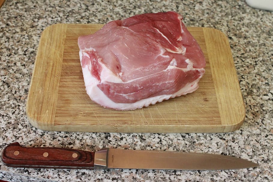 roast pork, fry crusts, meat, raw, piece of meat, food, wooden board, knife, freshness, cutting board