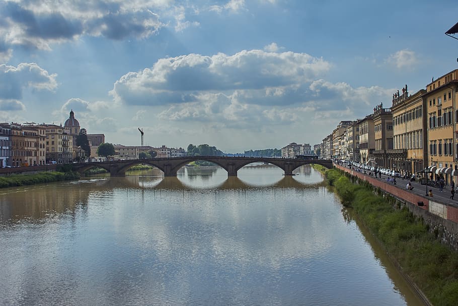 florence, reflections, bridge, city, italy, water, sky, built structure, architecture, bridge - man made structure