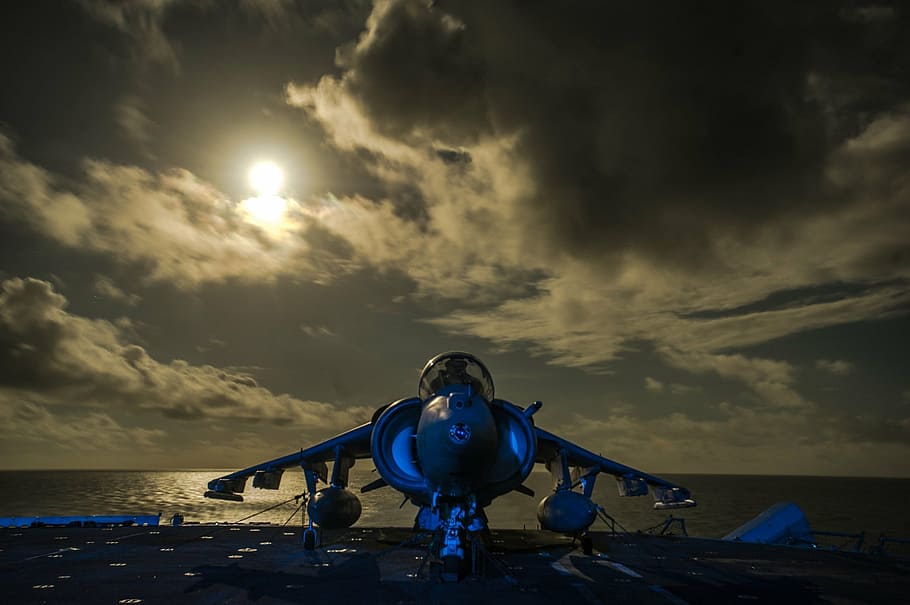 jet plane, body, water, jet, moon, aircraft carrier, sea, plane, marines, military