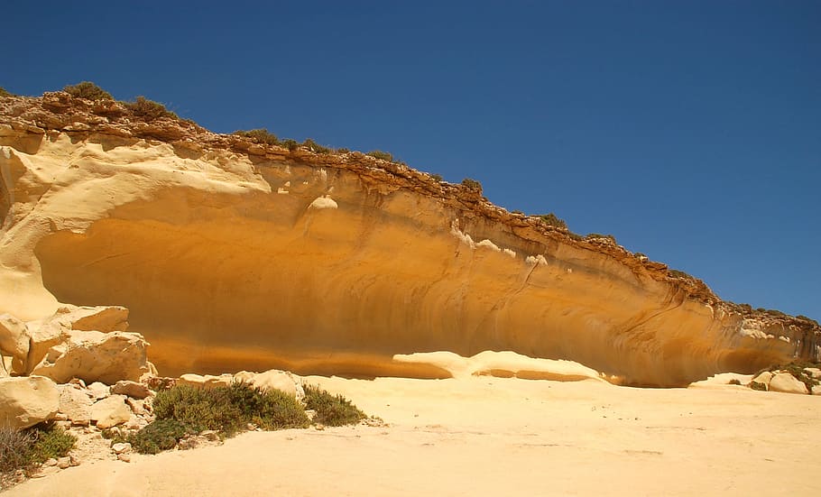 Gozo, Malta, Amarillo, Azul, costa rocosa, roca, desierto, naturaleza, arena, paisaje